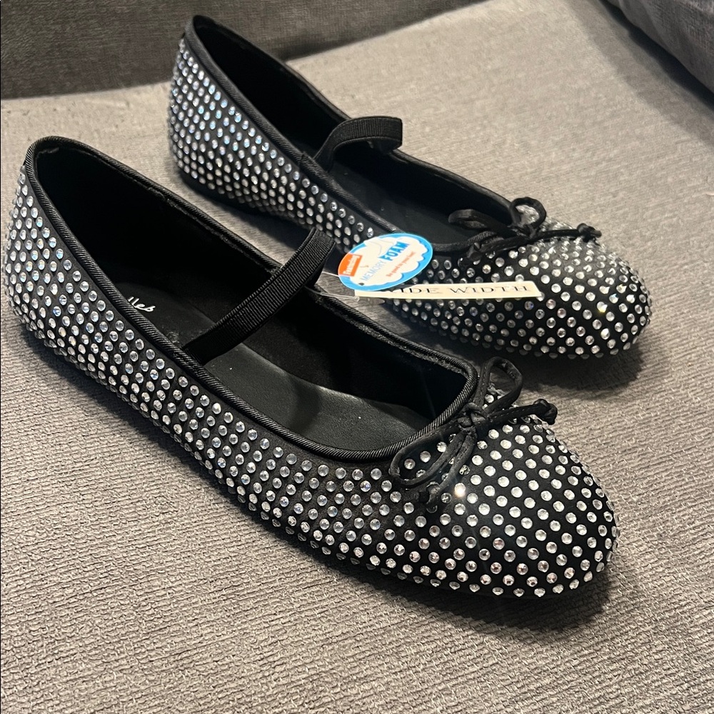 Women's Black Rhinestone Ballet Flats with Bow